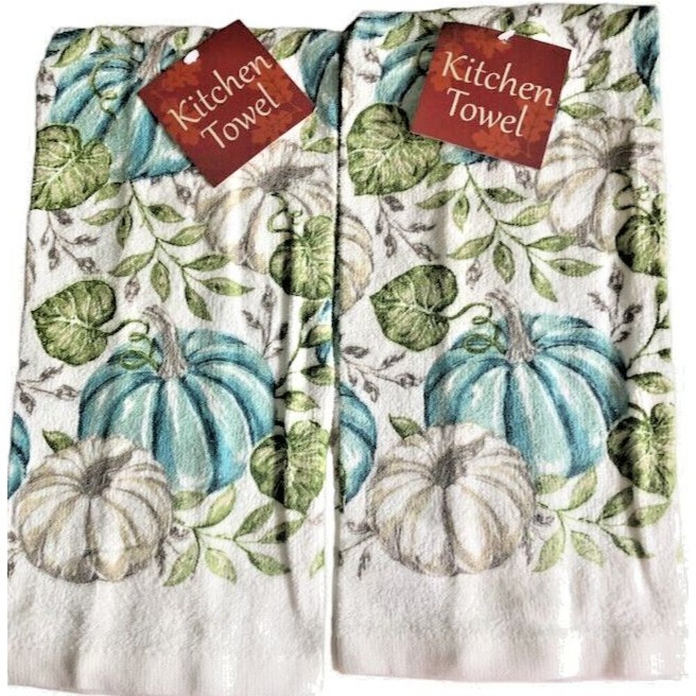 Thanksgiving Teal Pumpkins Kitchen Dish Towels Set of 2 Fall Harvest Autumn